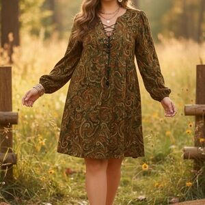 Emma & Michele Boho Paisley Lace-Up Long Sleeve Mini Dress